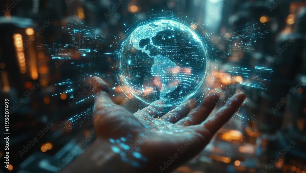 Poster futuristic hand holding digital globe with data streams and connected lines representing global tech