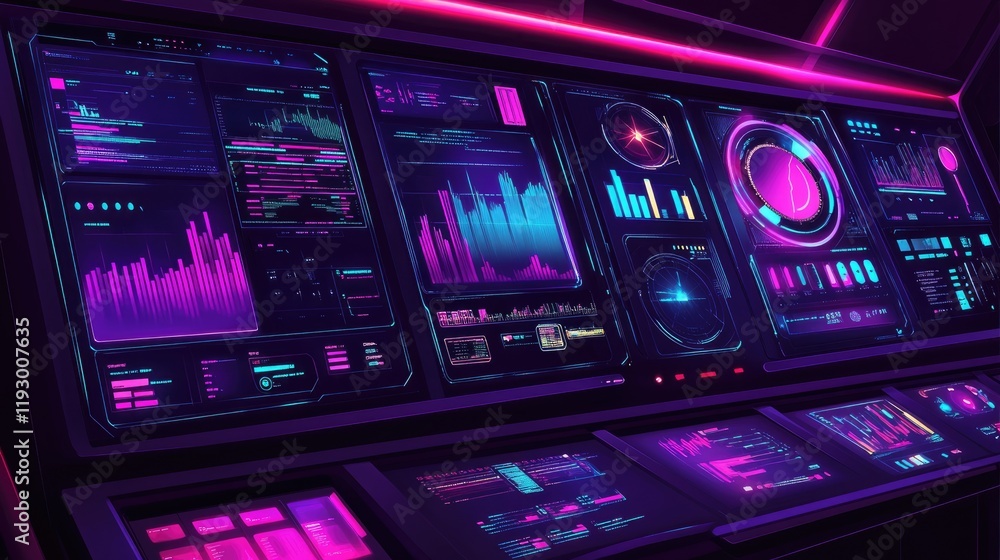 Poster a high-tech analytics center with ai-driven cybersecurity tools and glowing dashboards.