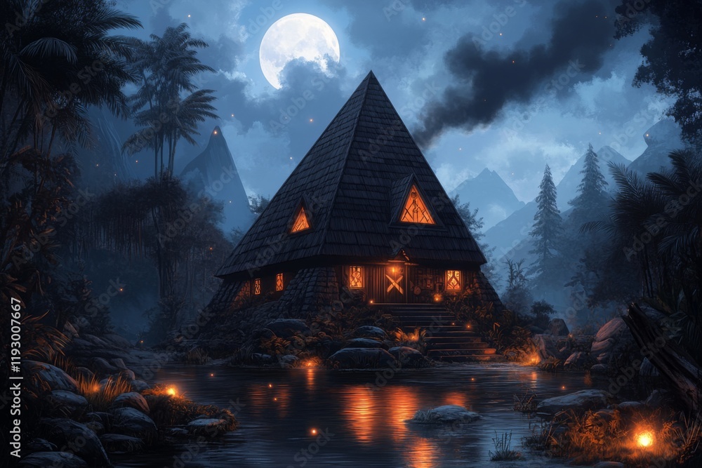 Poster a pixel art depiction of the pyramid of the magician, surrounded by animated jungle elements and glo