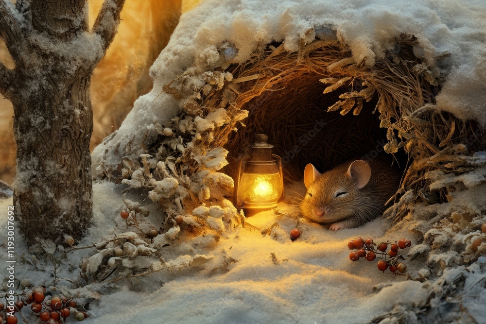 Aufkleber winter cozy scene of a small mouse sleeping in a burrow with a lantern glowing softly among snow and
