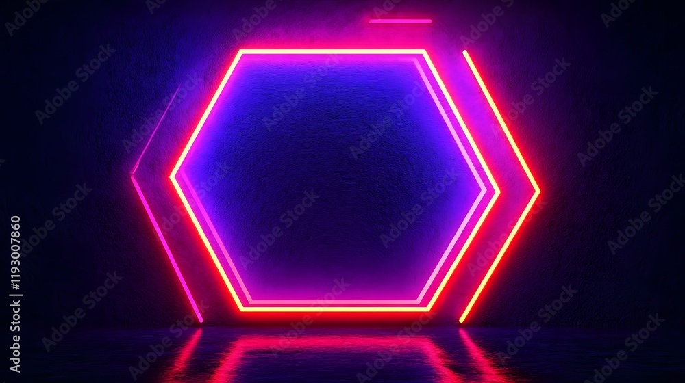 Poster glowing hexagonal neon frame casting subtle reflections on glossy dark surface