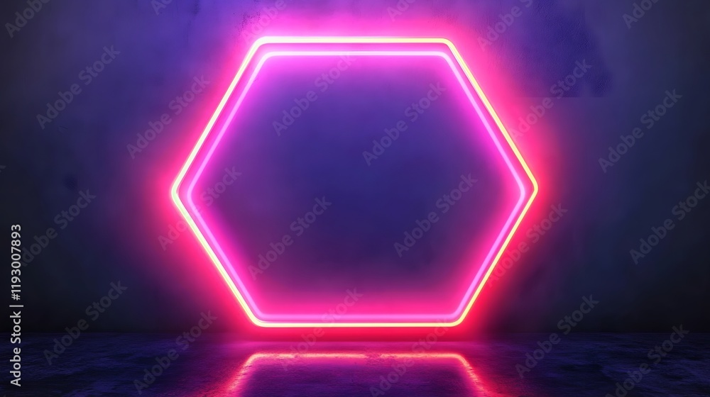 Poster bright neon hexagonal frame casting subtle reflections on glossy dark floor