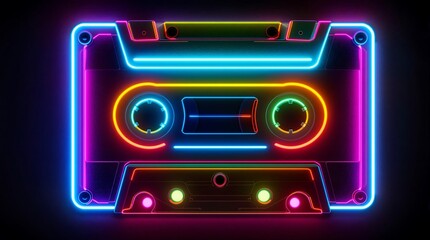 Fototapeta premium Neon cassette symbolizing nostalgia of the 90s and audio music listening