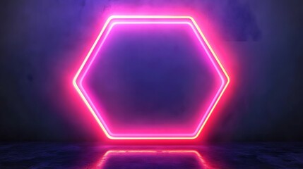 Bright Neon Hexagonal Frame Casting Subtle Reflections on Glossy Dark Floor