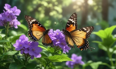 Obraz premium A butterfly sips nectar from a violet flower's center with a blurred background of green leaves, flowers, leaf, nature