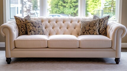Fototapeta premium A luxurious cream-colored sofa with decorative cushions in a modern living room, featuring large windows and abundant natural light.