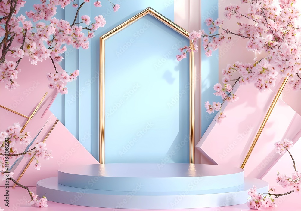 Poster 3d rendering, light pink and blue background with a golden screen in the middle of the picture, geom