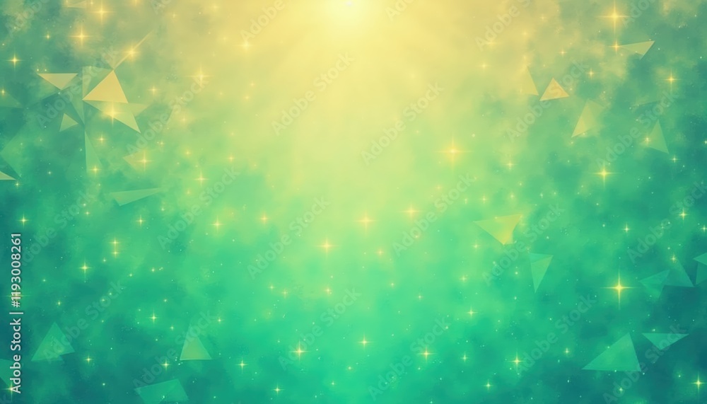 Poster green background with a lot of stars and triangles. the stars are scattered all over the background 