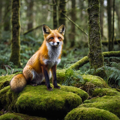 Fox Sitting on a Rock in the Forest