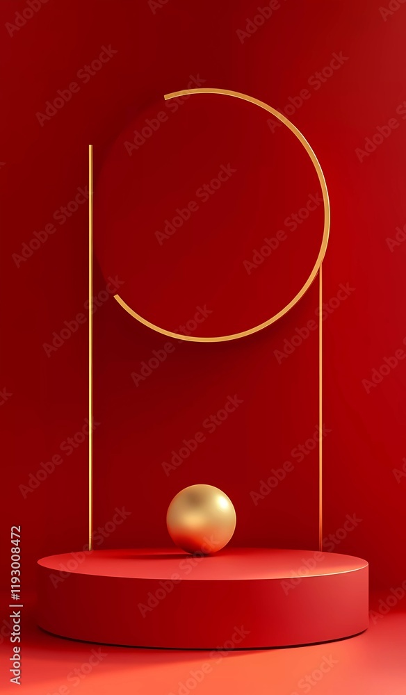 Poster 3d rendering of a red background with a podium for product display presentation mockup. abstract geo