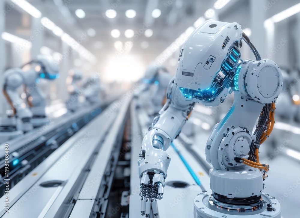Poster futuristic industrial robot in a high-tech factory setting with multiple robotic arms working on a p