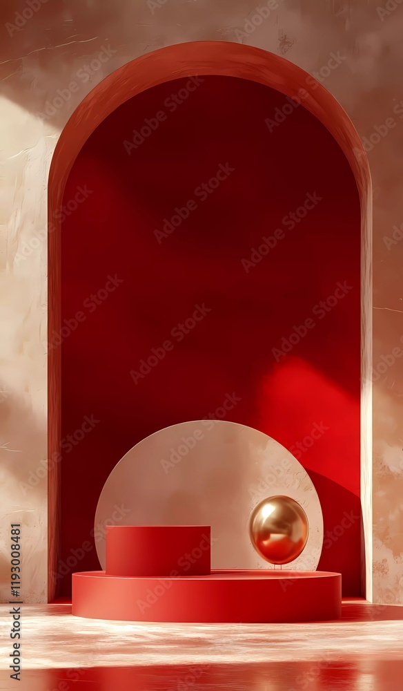Poster 3d rendering of a red background with a podium for product display presentation mockup. abstract geo