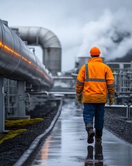 Fototapeta premium A worker walking past large pipes carrying hot water from a geothermal power plant in Iceland, showcasing renewable energy and geothermal technology in an industrial setting