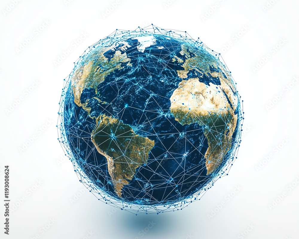 Poster digital abstraction of earth with a blue global network, symbolizing the concept of worldwide connec