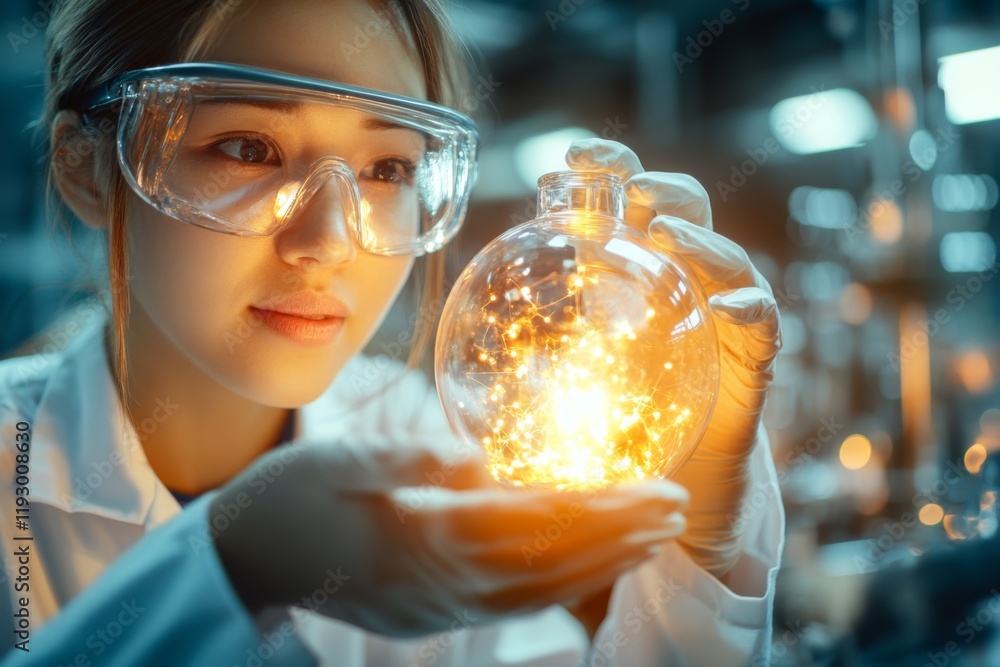 Poster a scientist inspecting a single uv-sensitive chemical in a glowing vial, with the isolated sample st