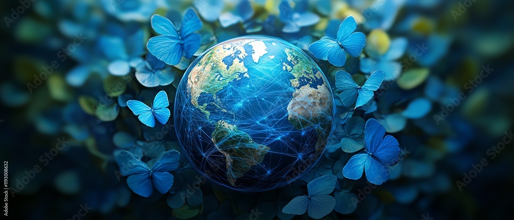 Poster abstract earth image with blue global network lines, representing global connectivity, digital commu