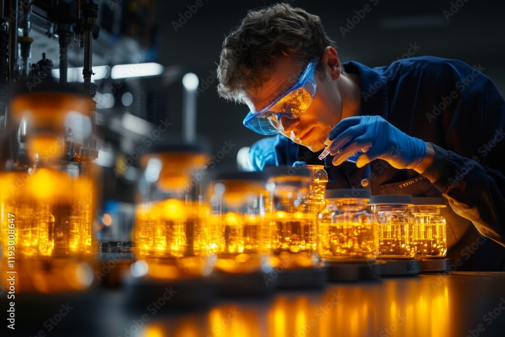 Aufkleber a scientist inspecting a single uv-sensitive chemical in a glowing vial, with the isolated sample st