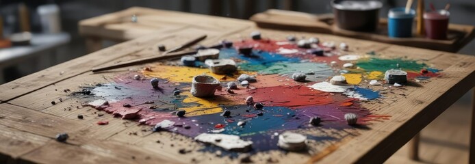 Fototapeta premium A paint-splattered palette on a wooden workbench in an art studio, artistic tools, palette setup