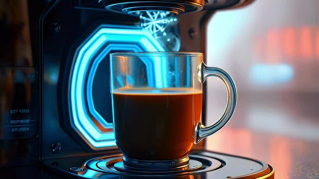 A close-up of a coffee cup being brewed by a modern coffee machine with vibrant lighting.
