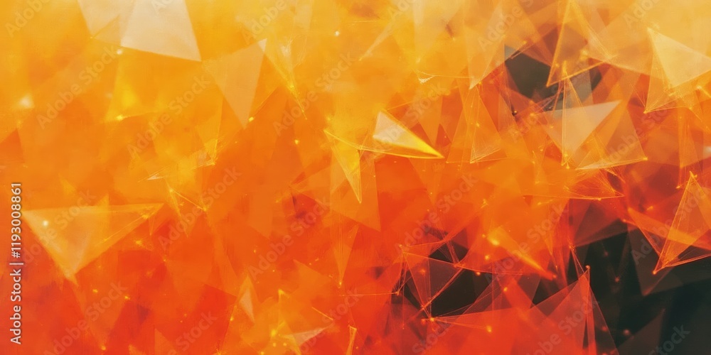 Poster bright orange background with a lot of triangles. the triangles are all different sizes and angles. 