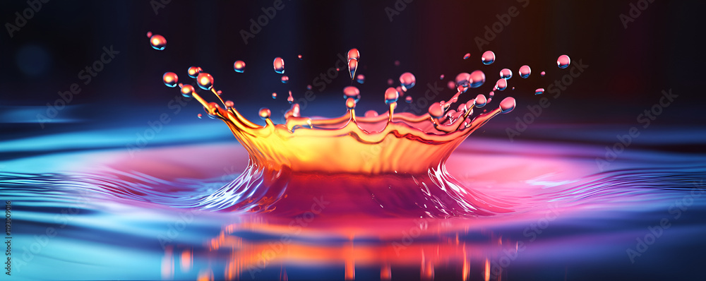 Poster a vibrant splash icon, droplets radiating outward with soft reflections and gradients, isolated on a