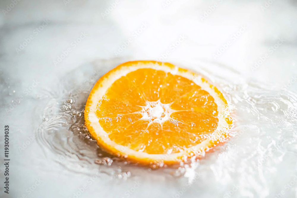 Poster orange slice floating in water creating waves