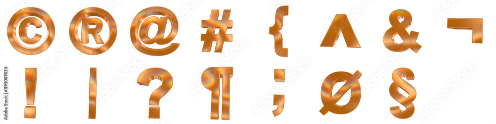 Poster set of 3d special symbols shapes with golden and rainbow effects isolated on a transparent backgroun