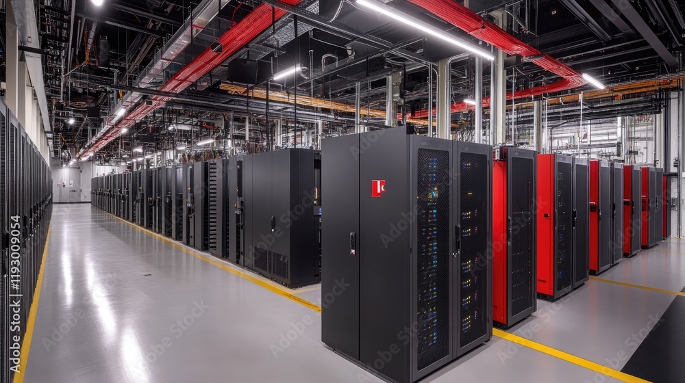 Poster a modern analytics facility with rows of high-tech servers and illuminated led panels.