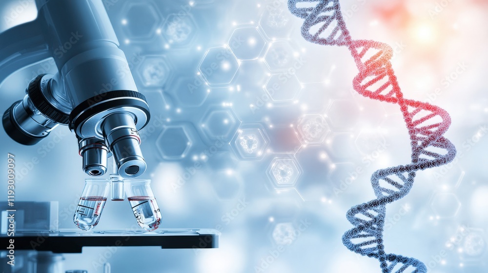 Poster Advanced Research in Biotechnology Under Microscope Focusing on DNA Structure and Genetic Analysis, Representing Breakthroughs in Science and Technology Innovations