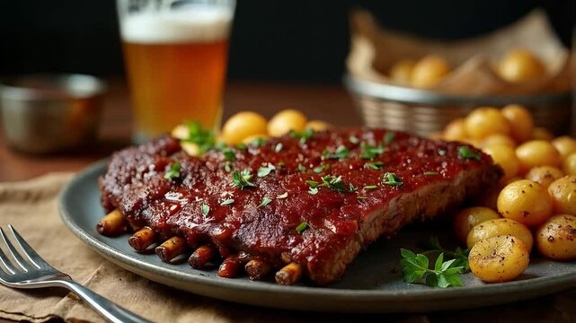 Costillas de cerdo con salsa barbacoa y papas asadas
