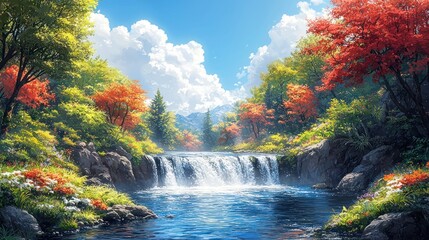 Fototapeta premium Autumn Waterfall Serenity: A picturesque landscape painting of a cascading waterfall amidst vibrant autumn foliage, under a bright, sunny sky.