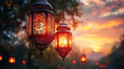 Obraz premium Enchanting Ramadan Sunset with Glowing Lanterns