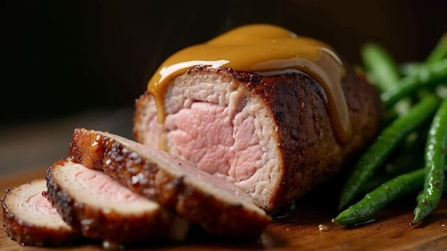 Solomillo de cerdo en salsa con ejotes salteados