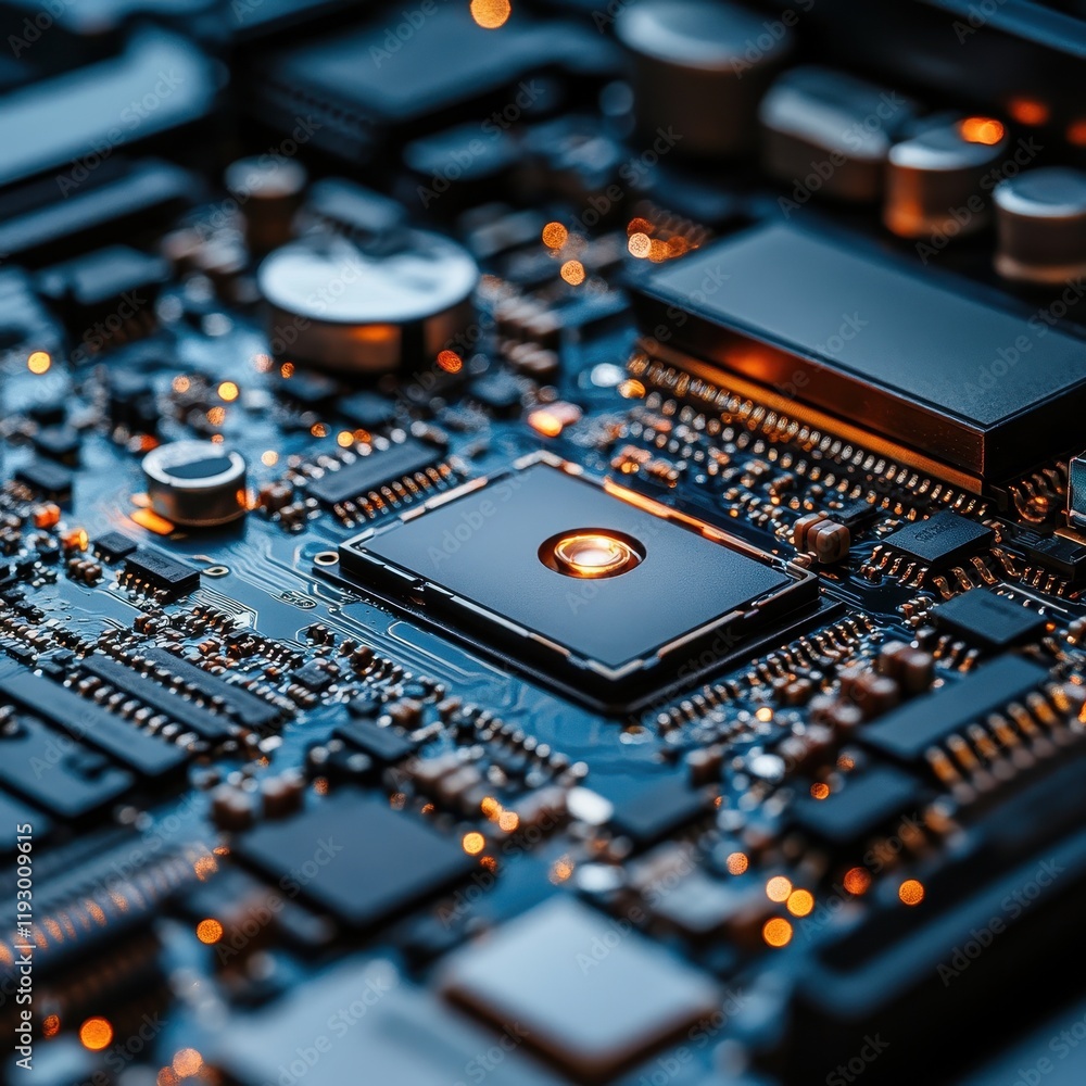 Poster intricate circuit board with microchip detail