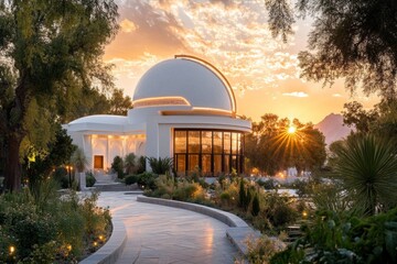 Obraz premium A serene view of the Ulugh Beg Observatory in Samarkand, surrounded by lush greenery and under a clear sky