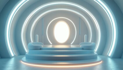 Obraz premium Futuristic Minimalist Interior Space with Soft Lighting and Circular Design Elements Ideal for Modern Architecture, Design Concepts, and Creative Projects