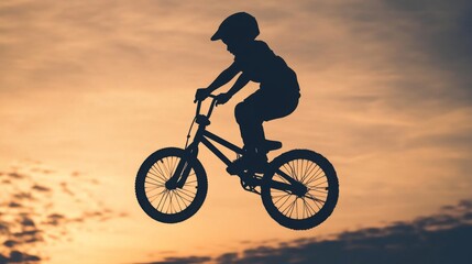 Obraz premium Silhouette of child biking, jumping at sunset.