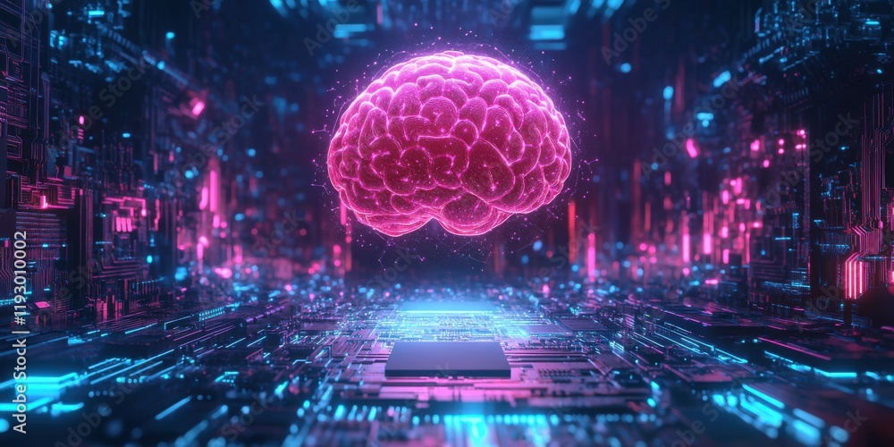 Poster futuristic neon brain surrounded by advanced technology and circuitry representing artificial intell