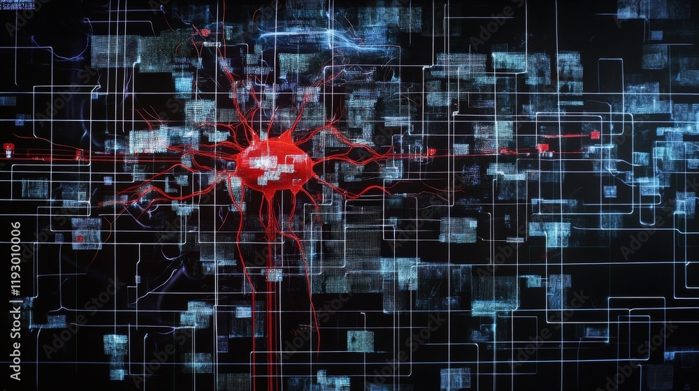 Aufkleber Abstract digital representation of a neural network with vibrant red nodes and interconnected lines against a dark background showcasing technological complexity