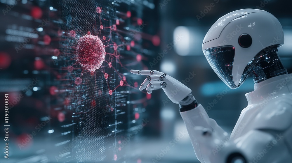 Poster Futuristic Robot Analyzing Digital Virus Structure with Holographic Interface in a High-Tech Laboratory Environment