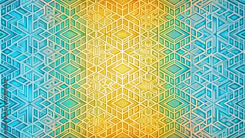 Poster Abstract Geometric Teal and Gold Pattern with Symmetrical Design and Intricate Details