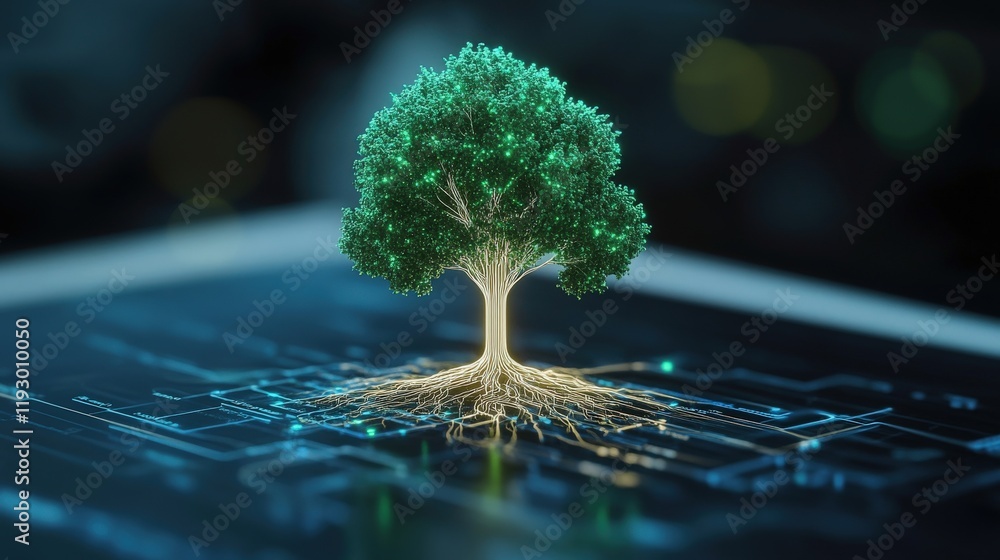 Poster Digital Tree Concept Representing Growth and Technology with Glowing Roots on Circuit Board, Symbolizing Nature and Innovation in a Futuristic Landscape