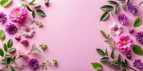 Fototapeta premium Floral border design with pink and purple blossoms on a pale pink background