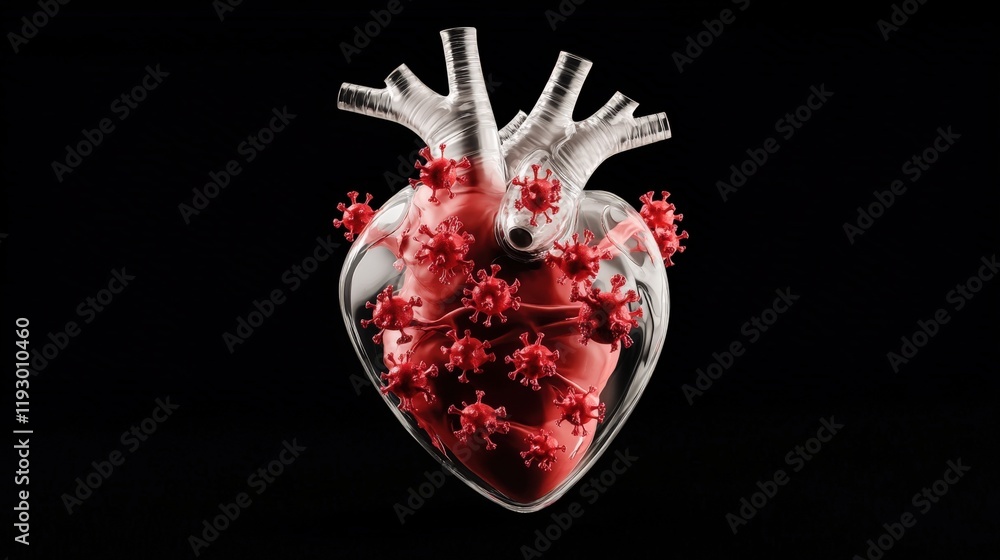 Poster artistic representation of a human heart surrounded by colorful virus particles on a black backgroun