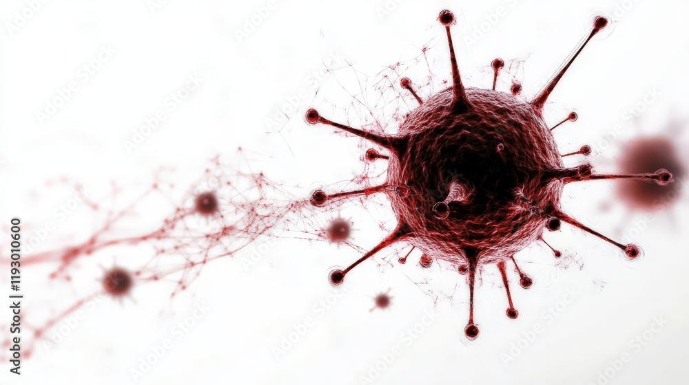 Poster intricate close-up of a virus cell depicting its structure, spikes, and genetic material under high 