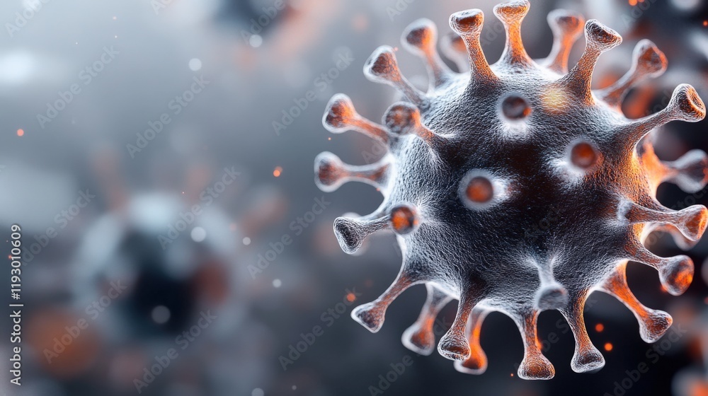 Poster detailed macro photograph of a virus structure with spiky proteins against a soft focus background, 