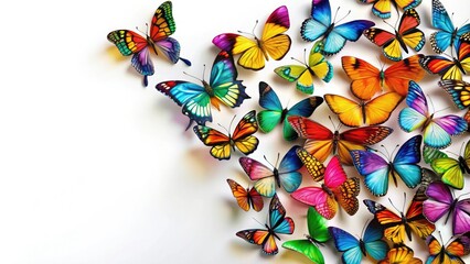 A cluster of colorful butterflies perch on a plain white background, floral pattern, flower petal texture, butterfly wings, insect cluster