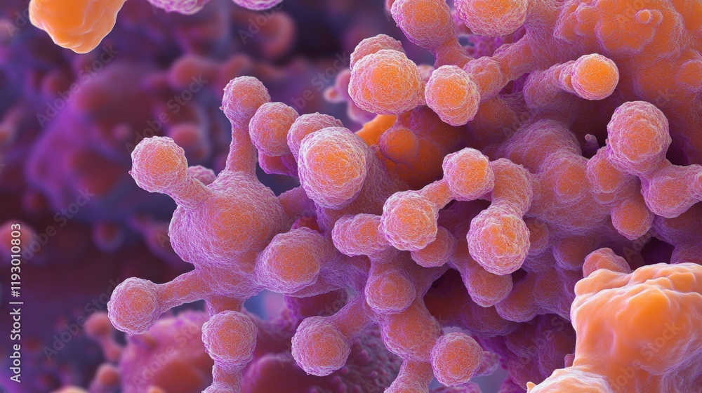 Poster Close-up Image of Colorful Microscopic Structures Mimicking Coral Reefs with Details of Textured Patterns and Vibrant Colors Under Scientific Observation