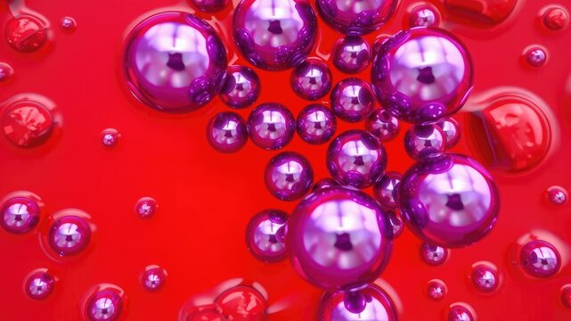 A cluster of iridescent purple spheres suspended within a gelatinous red matrix, ethereal mass, cellular structure, abstract cells