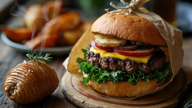 Hamburguesa gourmet con queso derretido y papas al horno